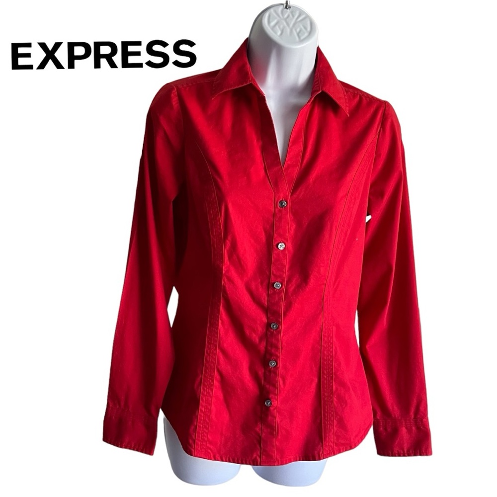 Express Women Red Button-Down Shirt "The Essentials Shirt" Long Sleeve, XS size